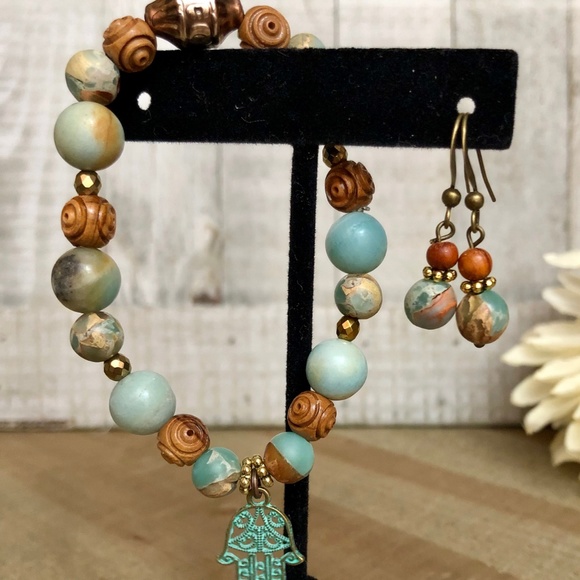 Hamsa Bracelet w/ Matching Earrings African Opal - Picture 4 of 7